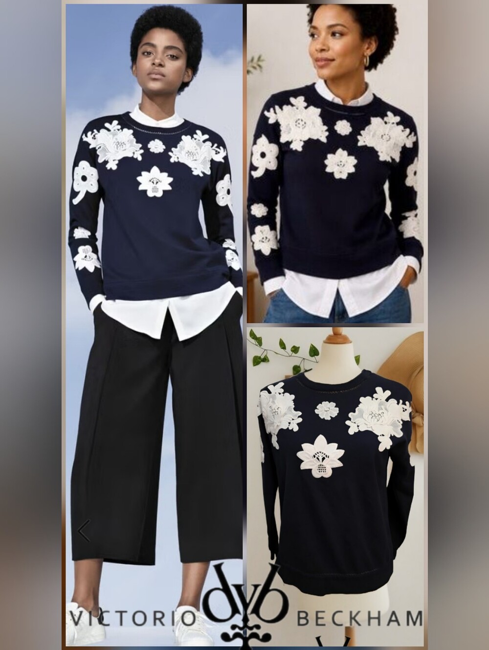 Limited Edition Victoria Beckham Navy Floral Lace Appliqué Sweater